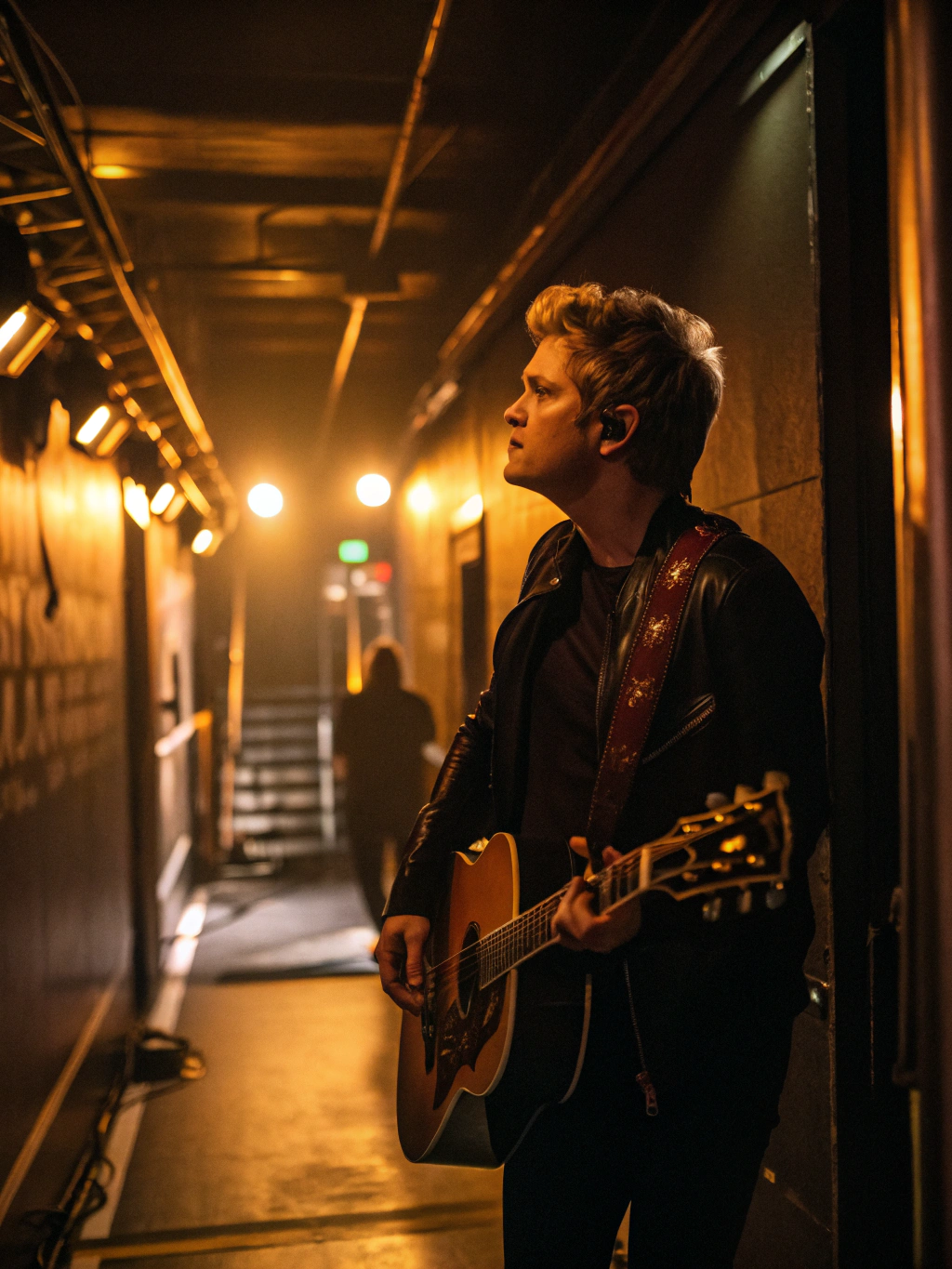 Musician walking through dimly lit backstage concrete tunnel toward stage light