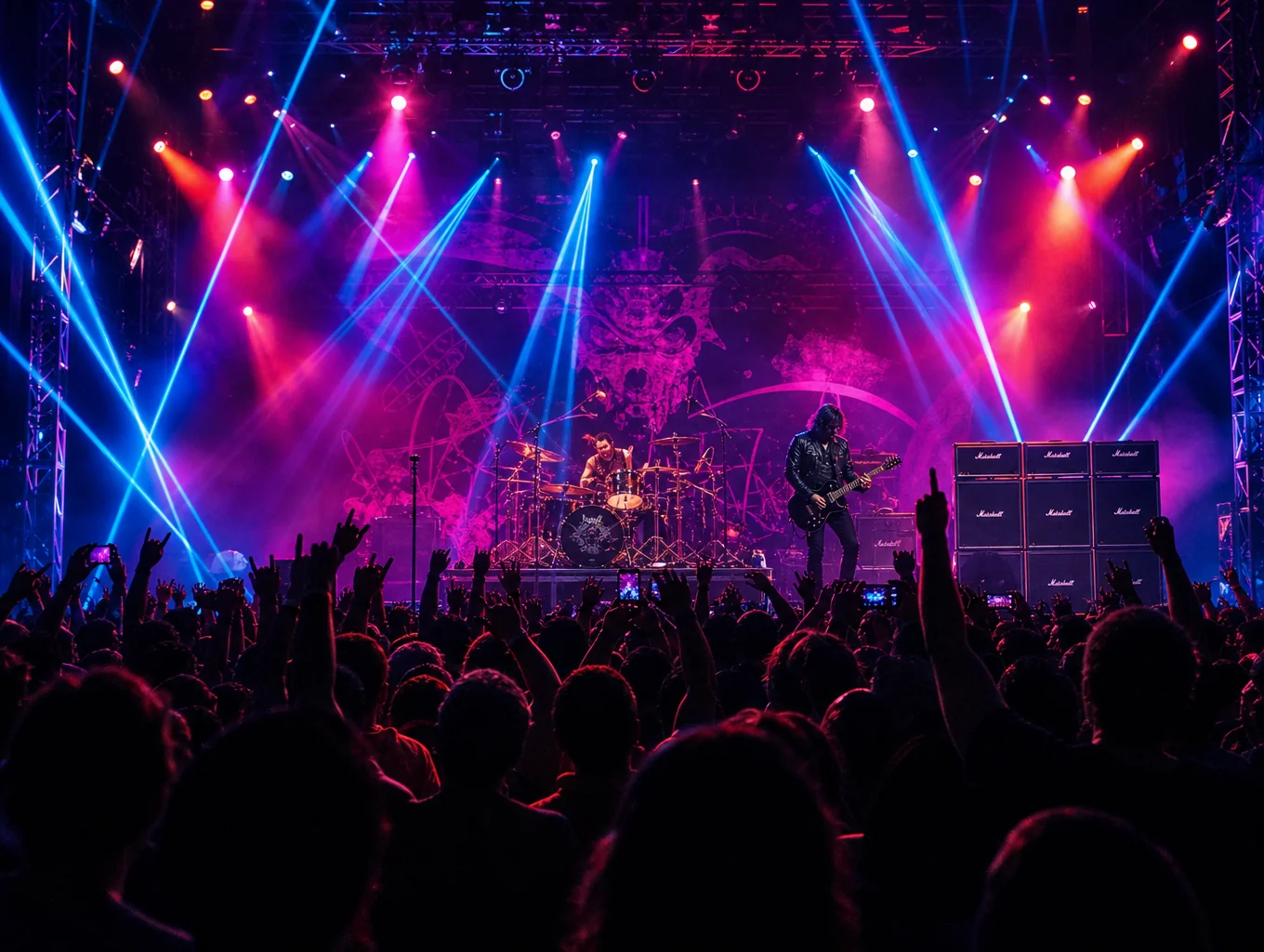 Arctic Monkeys performing live on stage under arena laser lights