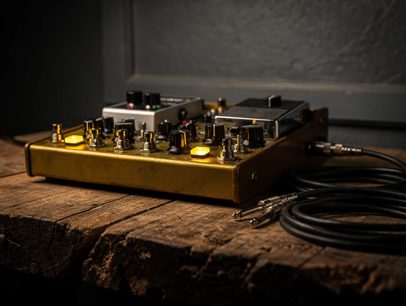 Illuminated vintage guitar effects pedalboard at rehearsal rehearsal stage