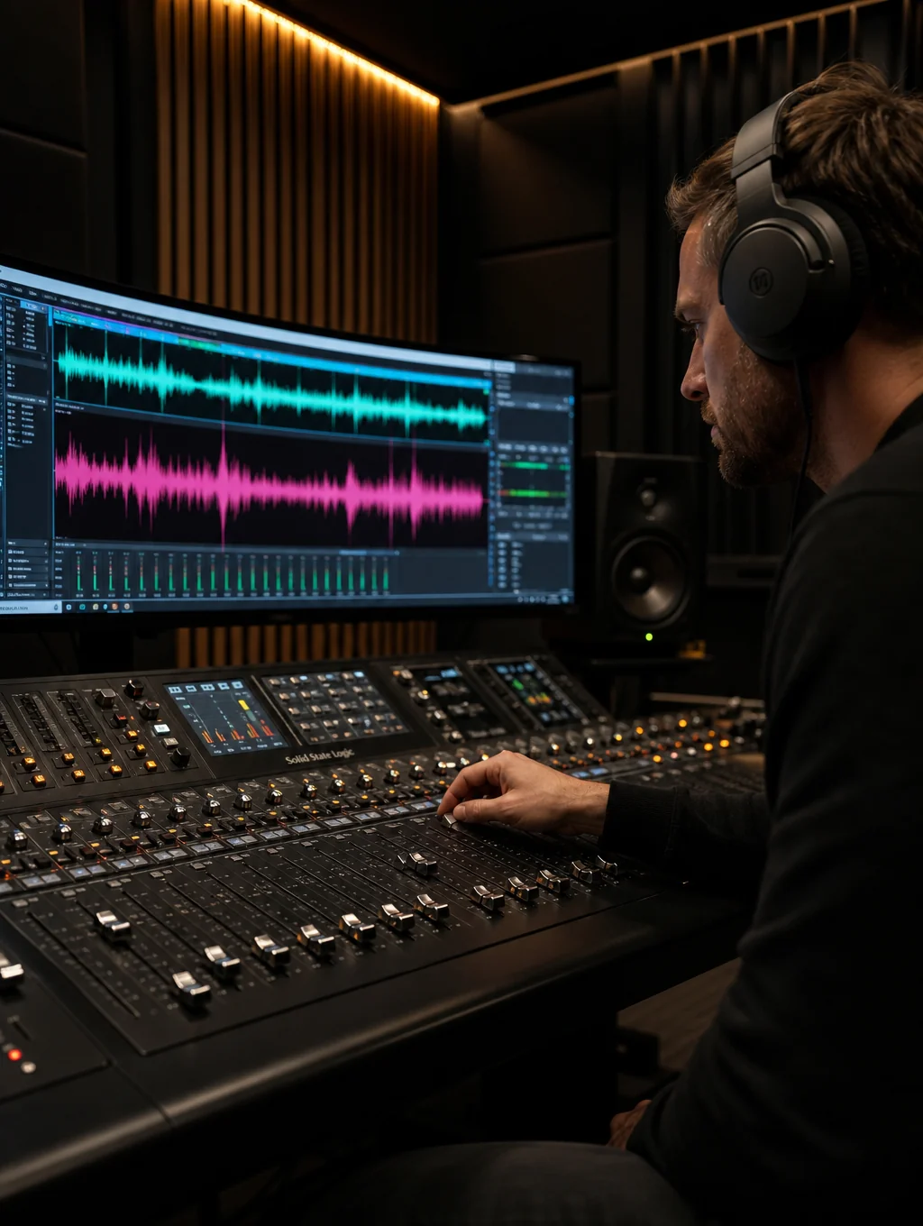 Studio engineer working on vintage analog soundboard during album tracking session